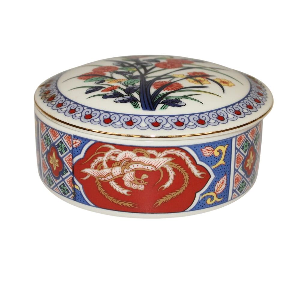 Japanese Imari Asian Crane Covered Porcelain Trinket Box VTG Collectible